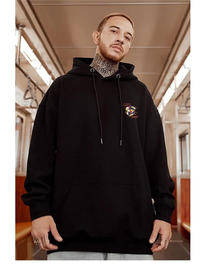 Street Wear Rubik Küp Baskılı Oversize Unisex Siyah Kapşonlu Hoodie Sweatshirt