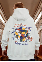 Street Wear Rubik Küp Baskılı Oversize Unisex Ecru Kapşonlu Hoodie Sweatshirt