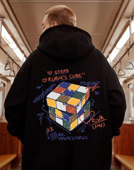 Street Wear Rubik Küp Baskılı Oversize Unisex Siyah Kapşonlu Hoodie Sweatshirt