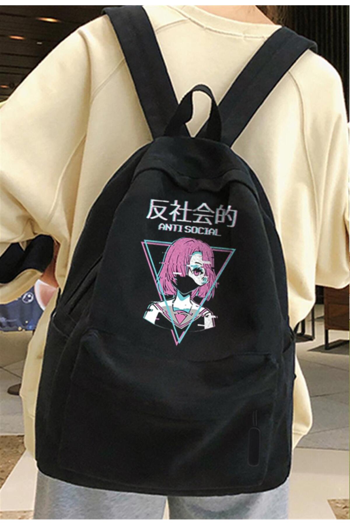 STREETBEAT WEAR  Antisocial Anime Girl Baskılı Unisex Sırt Çantası