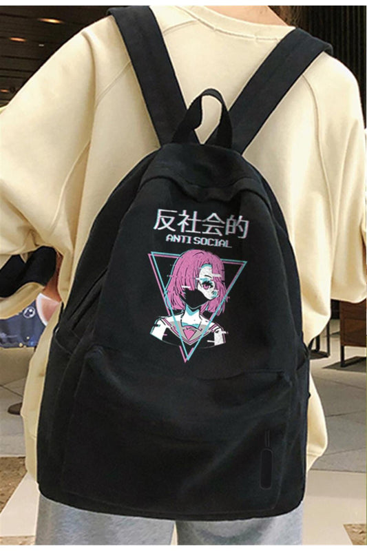 STREETBEAT WEAR  Antisocial Anime Girl Baskılı Unisex Sırt Çantası