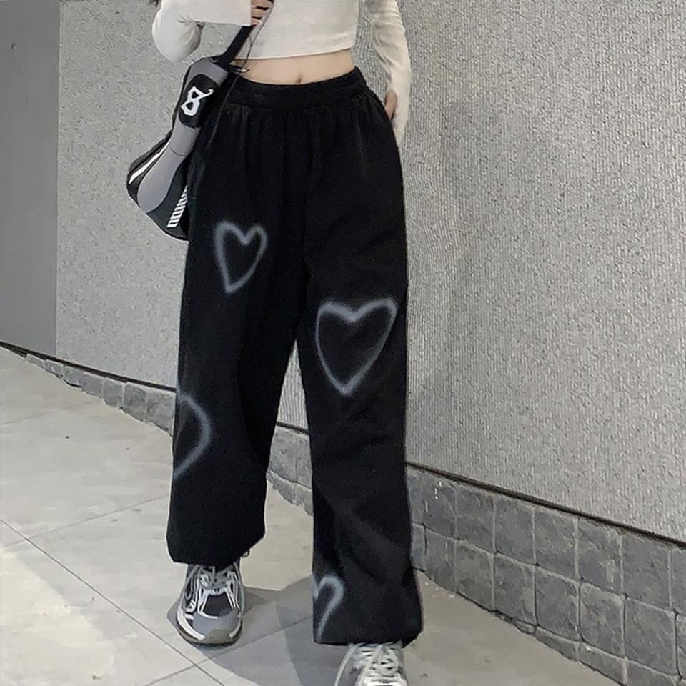 Streetwear Harajuku Heart Desenli Oversize Unisex Siyah Eşofman Altı