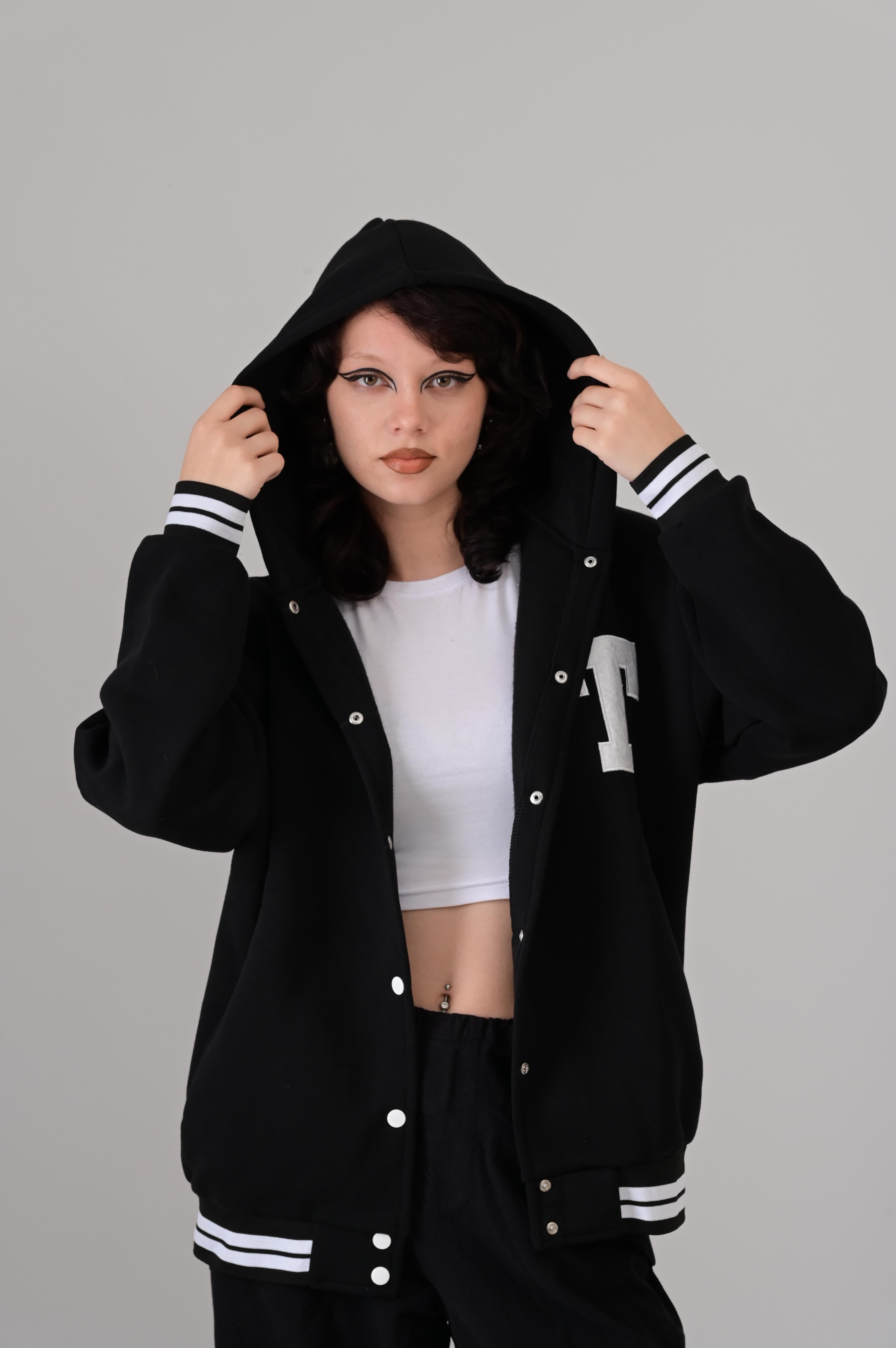 Streetwear T Nakış İşlemeli Unisex Oversize Kapüşonlu Siyah Kolej Ceket