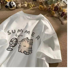 Summer Cat Baskılı Beyaz Unisex Oversize T-shirt