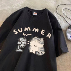 Summer Cat Baskılı Siyah Unisex Oversize T-shirt