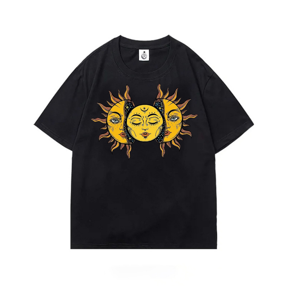 Sun And Moon Oversize Unisex Siyah T-Shirt