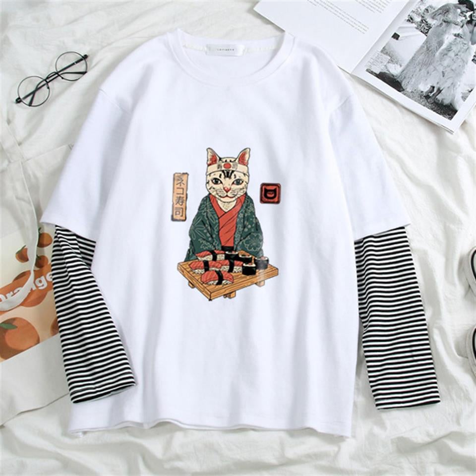 Sushi Cat Baskılı Fake Sleeves Unisex Beyaz T-shirt