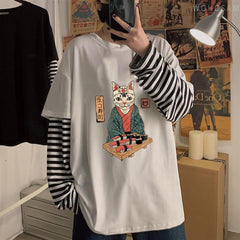 Sushi Cat Baskılı Fake Sleeves Unisex Beyaz T-shirt