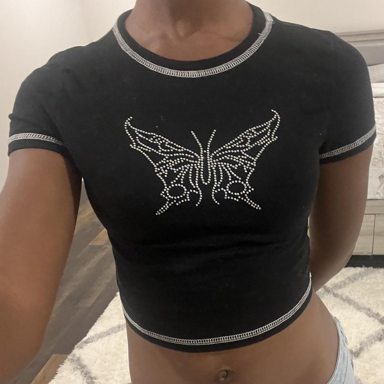 Ters Dikiş Taşlı Butterfly Crop Bluz