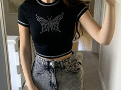 Ters Dikiş Taşlı Butterfly Crop Bluz