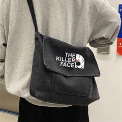 The Killer Face Baskılı Vintage Unisex Gri Kot Postacı Çantası