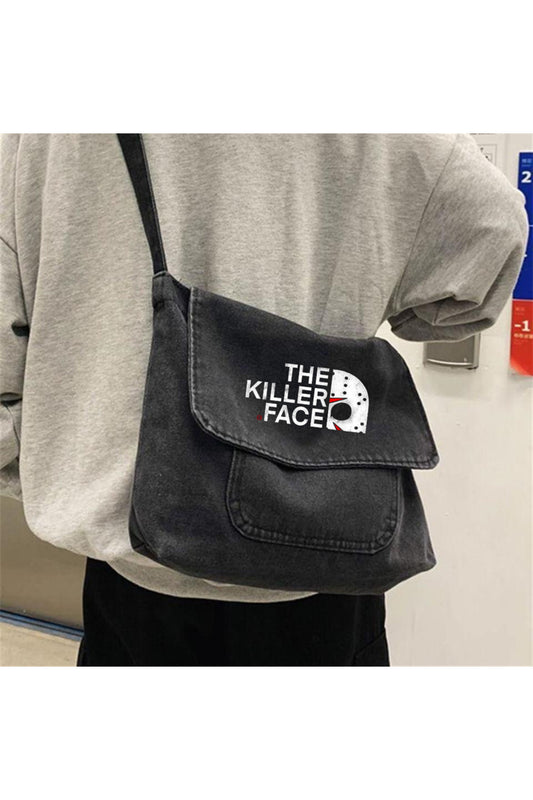 The Killer Face Baskılı Vintage Unisex Gri Kot Postacı Çantası
