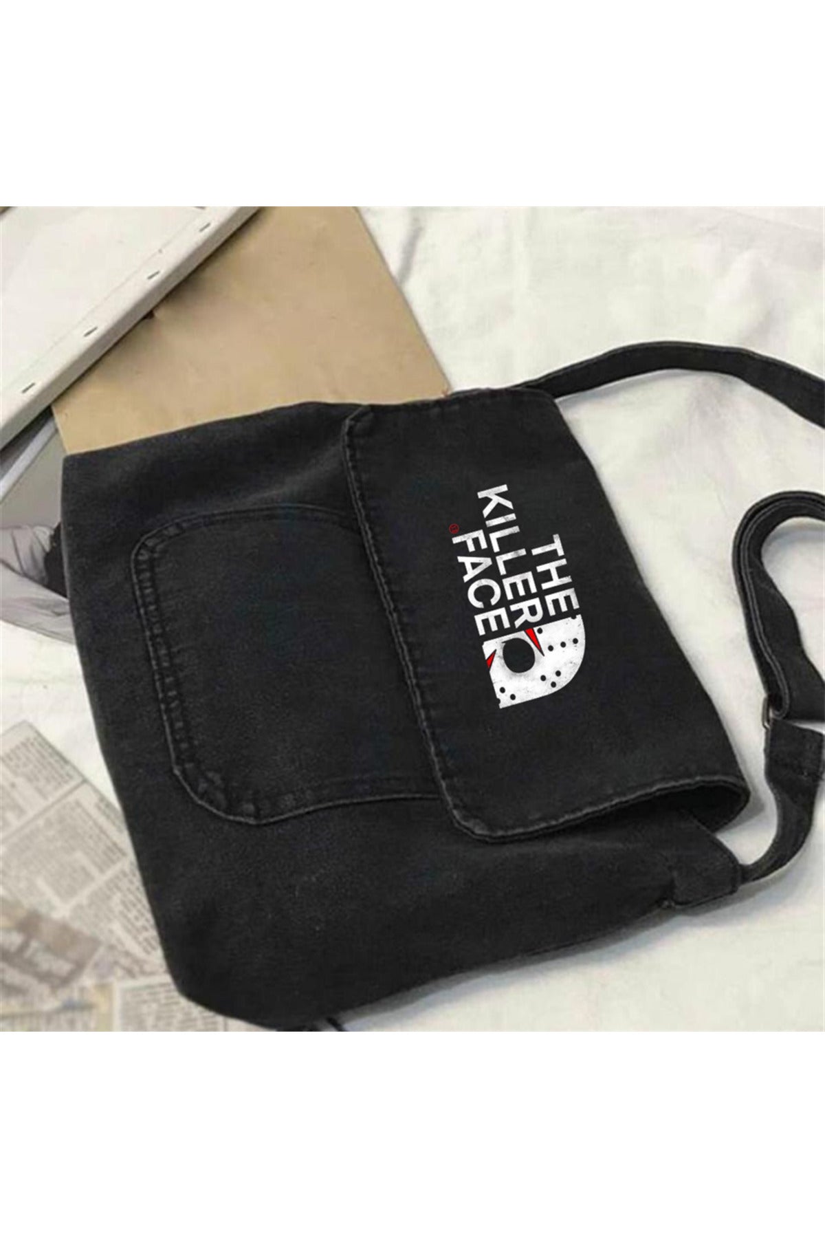 The Killer Face Baskılı Vintage Unisex Gri Kot Postacı Çantası