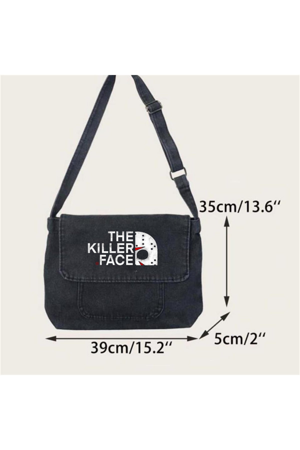 The Killer Face Baskılı Vintage Unisex Gri Kot Postacı Çantası