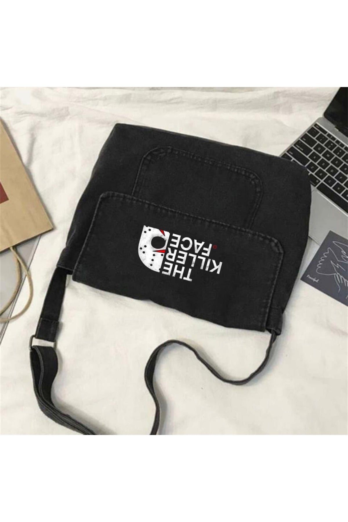 The Killer Face Baskılı Vintage Unisex Gri Kot Postacı Çantası