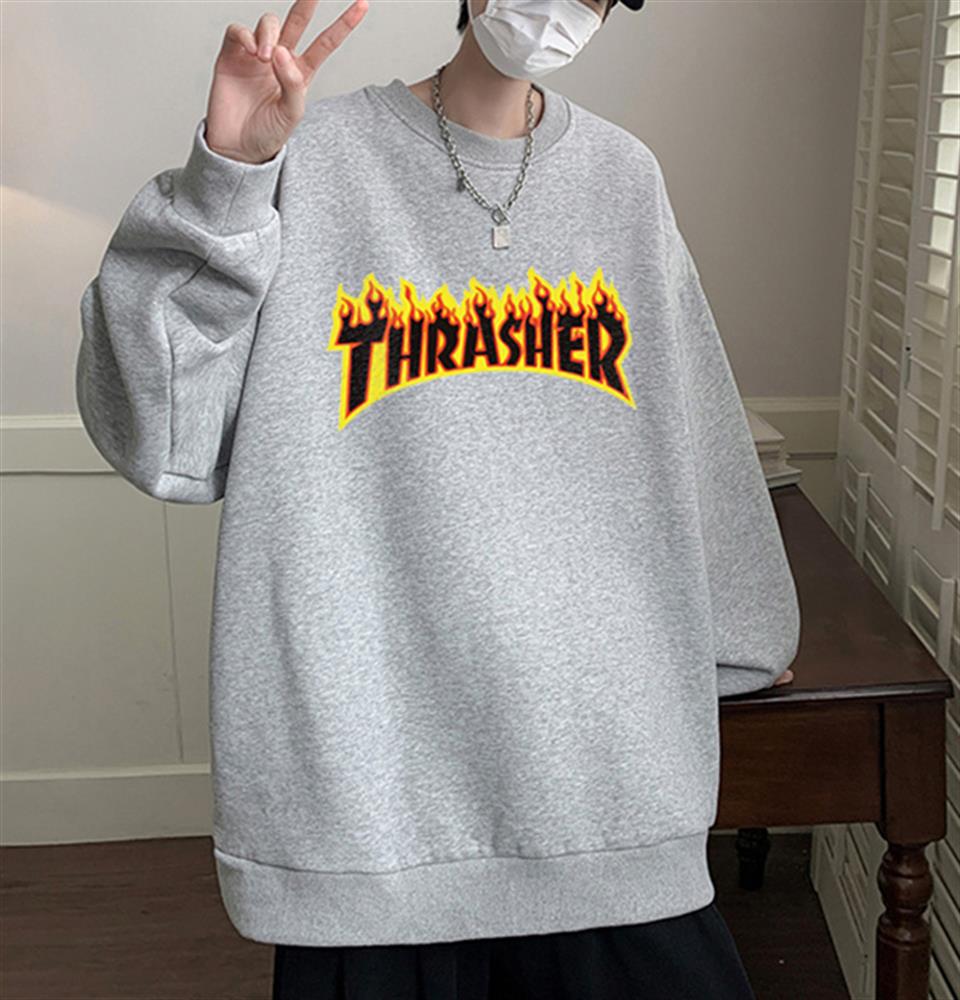 Thrasher Baskılı Gri Unisex Oversize Bisiklet Yaka Sweatshirt