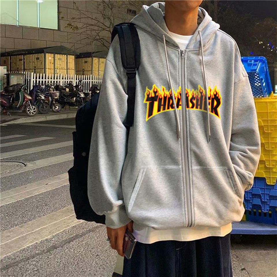 Thrasher Baskılı Oversize Fermuarlı Gri Unisex Kapüşonlu Hırka