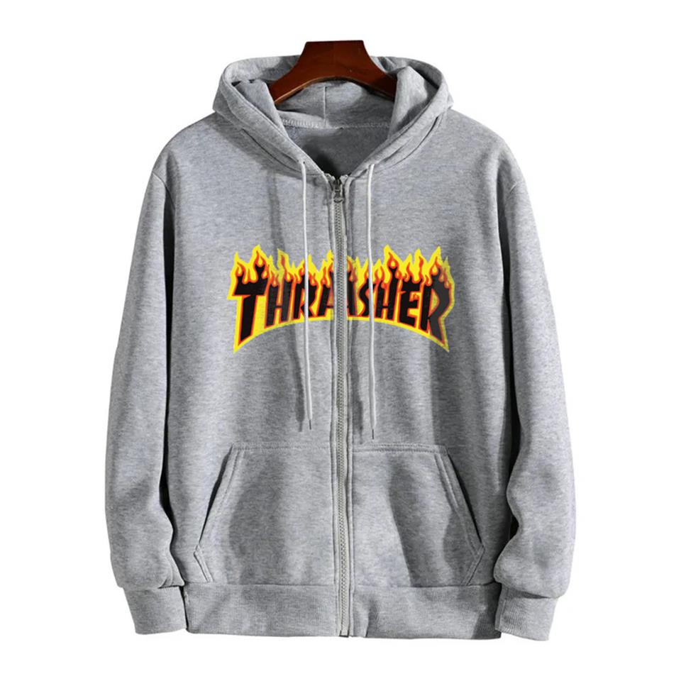 Thrasher Baskılı Oversize Fermuarlı Gri Unisex Kapüşonlu Hırka