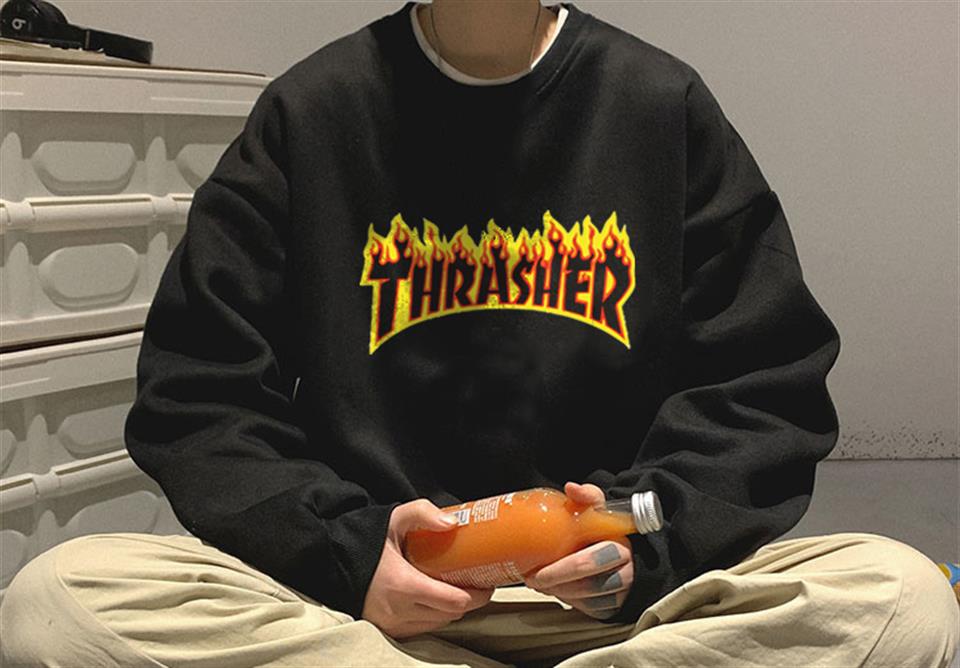 Thrasher Baskılı Siyah Unisex Oversize Bisiklet Yaka Sweatshirt