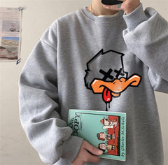 Tired Duck Baskılı Gri Unisex Oversize Bisiklet Yaka Sweatshirt