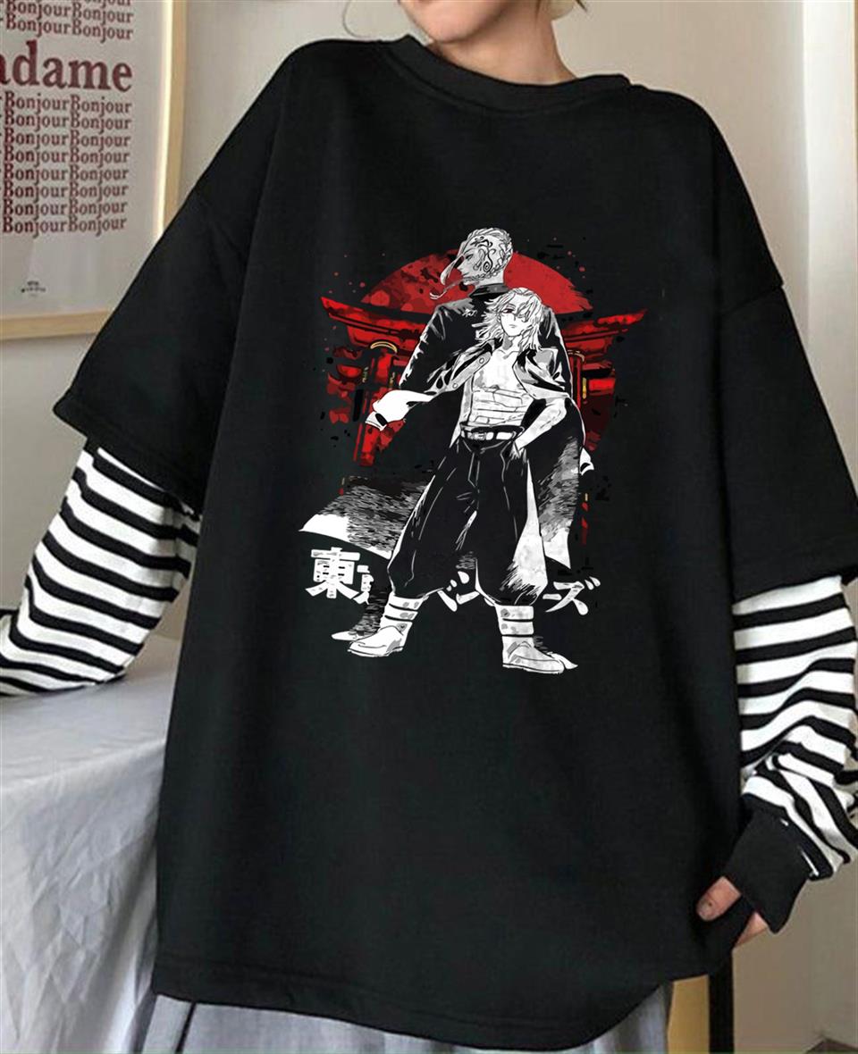 Tokyo Revengers - Mikey Baskılı Fake Sleeves Unisex Siyah T-shirt