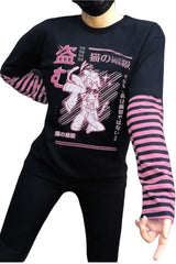 Touz Harajuku Kawaii Ninja Cat Pembe Çizgili Kollu T-shirt