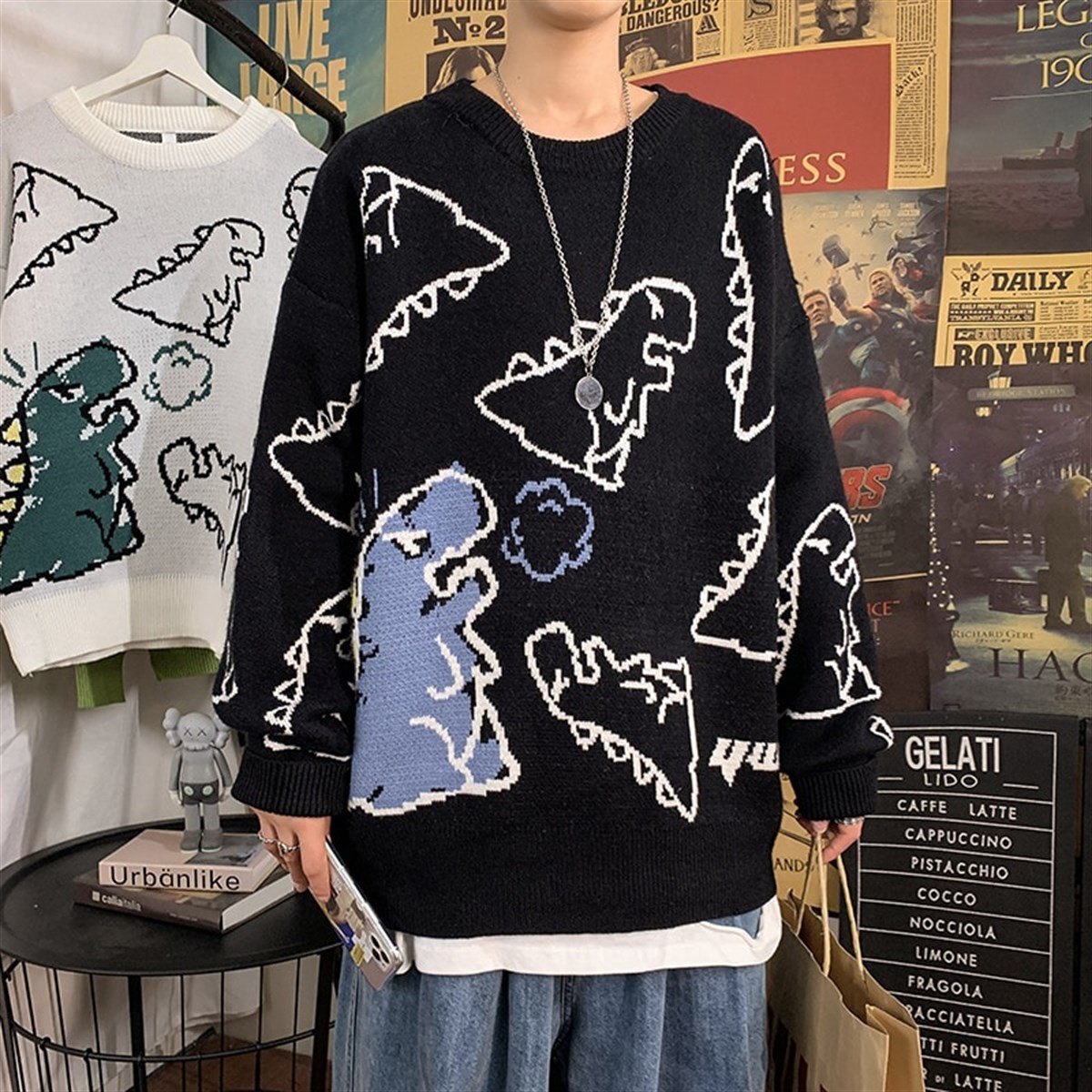 Touz Harajuku Siyah Dinosarus Oversize Unisex Kazak