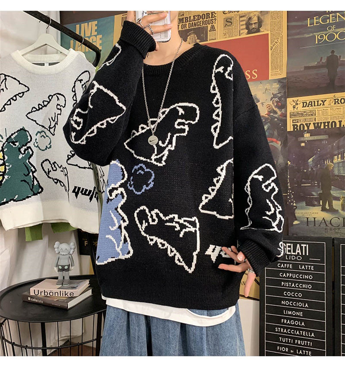 Touz Harajuku Siyah Dinosarus Oversize Unisex Kazak