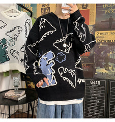 Touz Harajuku Siyah Dinosarus Oversize Unisex Kazak