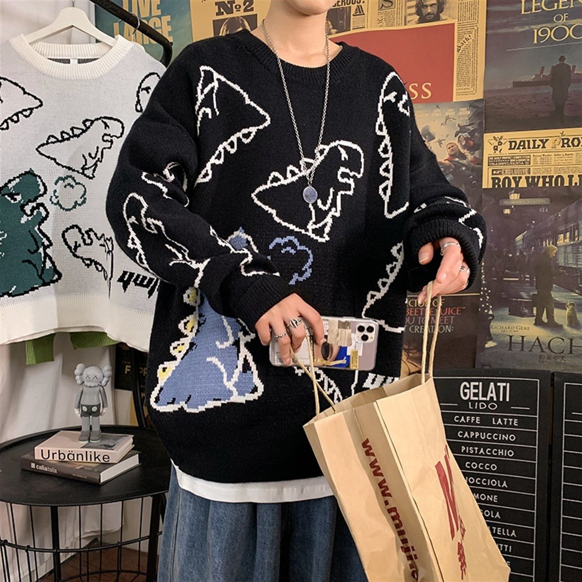 Touz Harajuku Siyah Dinosarus Oversize Unisex Kazak