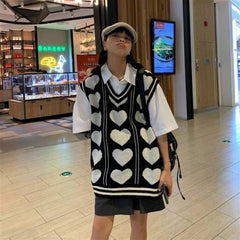 Touz Kawaii Harajuku Kalp Desenli V Yaka Oversize Süveter