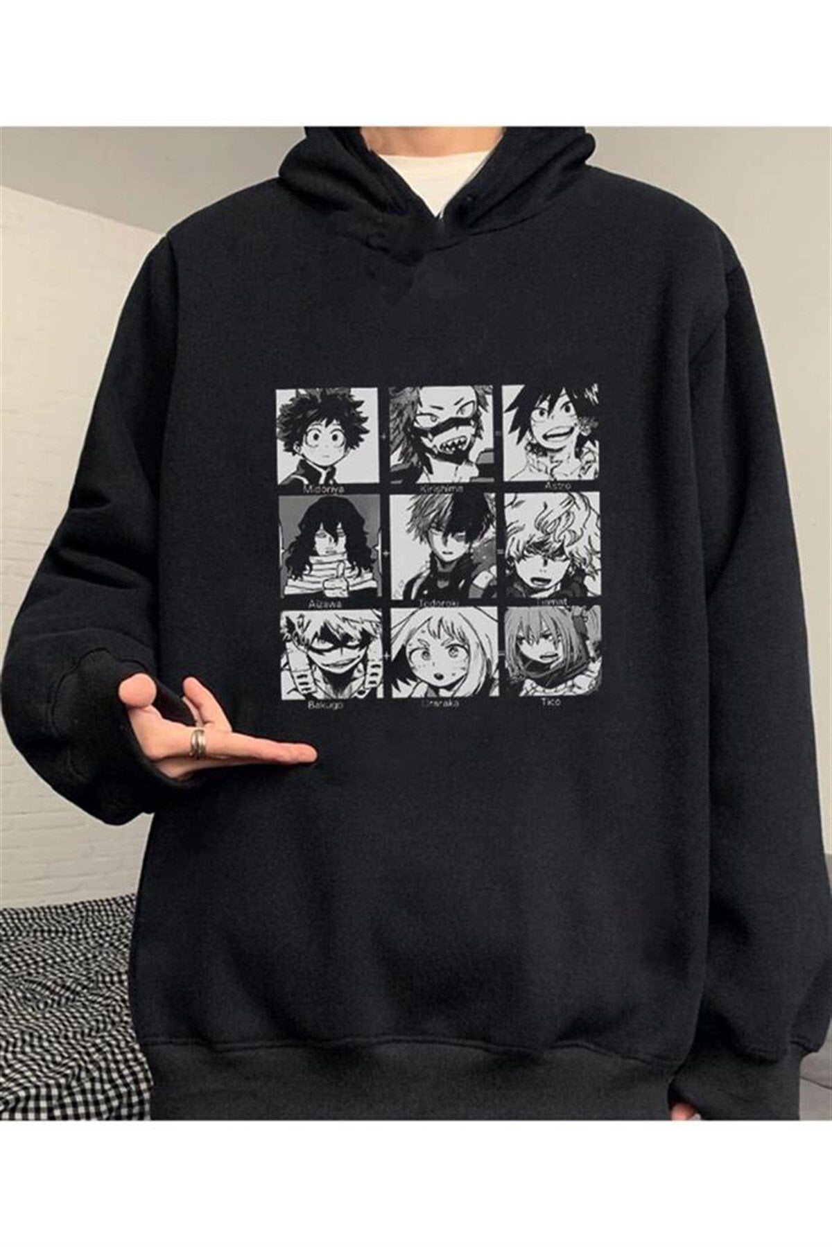 Touz My Hero Academia Kolaj Siyah Kapşonlu Sweetshirt