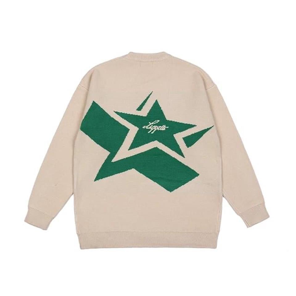 Touz Y2K Vintage Harajuku Star Capitol Ön Arka Baskılı Unisex Oversize Ecru Kazak