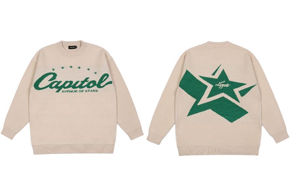 Touz Y2K Vintage Harajuku Star Capitol Ön Arka Baskılı Unisex Oversize Ecru Kazak