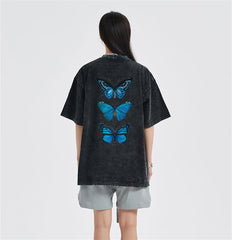 Triple Blue Butterfly Sırt Baskılı Unisex Eskitme T-shirt