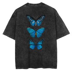 Triple Blue Butterfly Sırt Baskılı Unisex Eskitme T-shirt