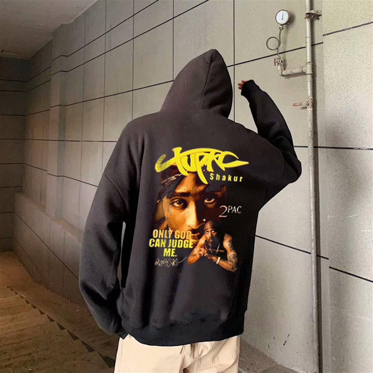 Tupac Shakur Baskılı Siyah Unisex Oversize Kapüşonlu Sweatshirt