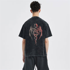 Twin Dragon Sırt Baskılı Unisex Eskitme T-shirt