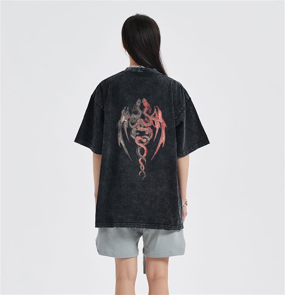 Twin Dragon Sırt Baskılı Unisex Eskitme T-shirt