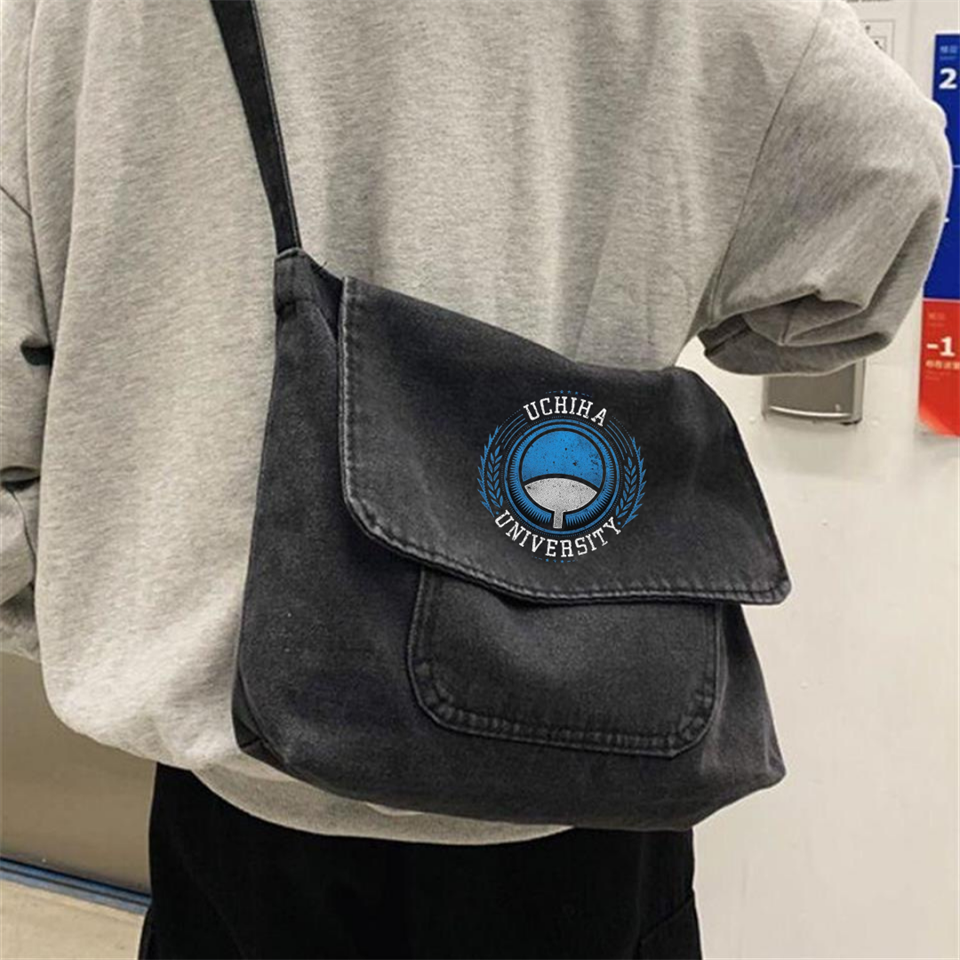 Uchiha University Baskılı Vintage Unisex Gri Kot Postacı Çantası