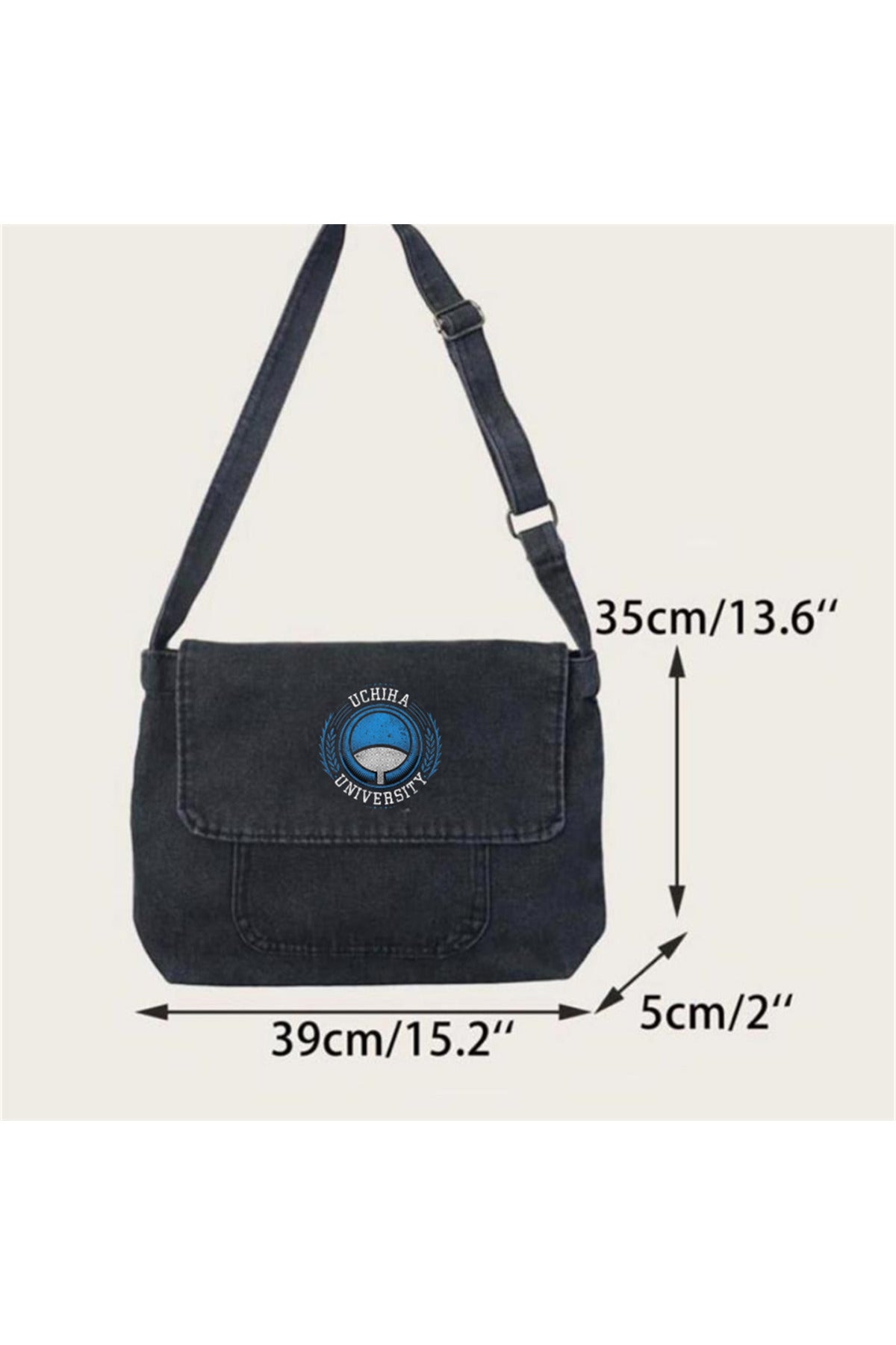Uchiha University Baskılı Vintage Unisex Gri Kot Postacı Çantası