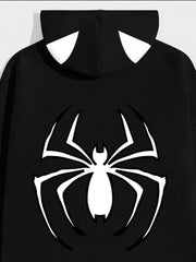 Unisex Spider Baskılı Kapşonlu Siyah Sweatshirt