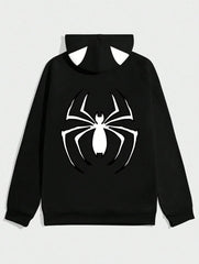 Unisex Spider Baskılı Kapşonlu Siyah Sweatshirt