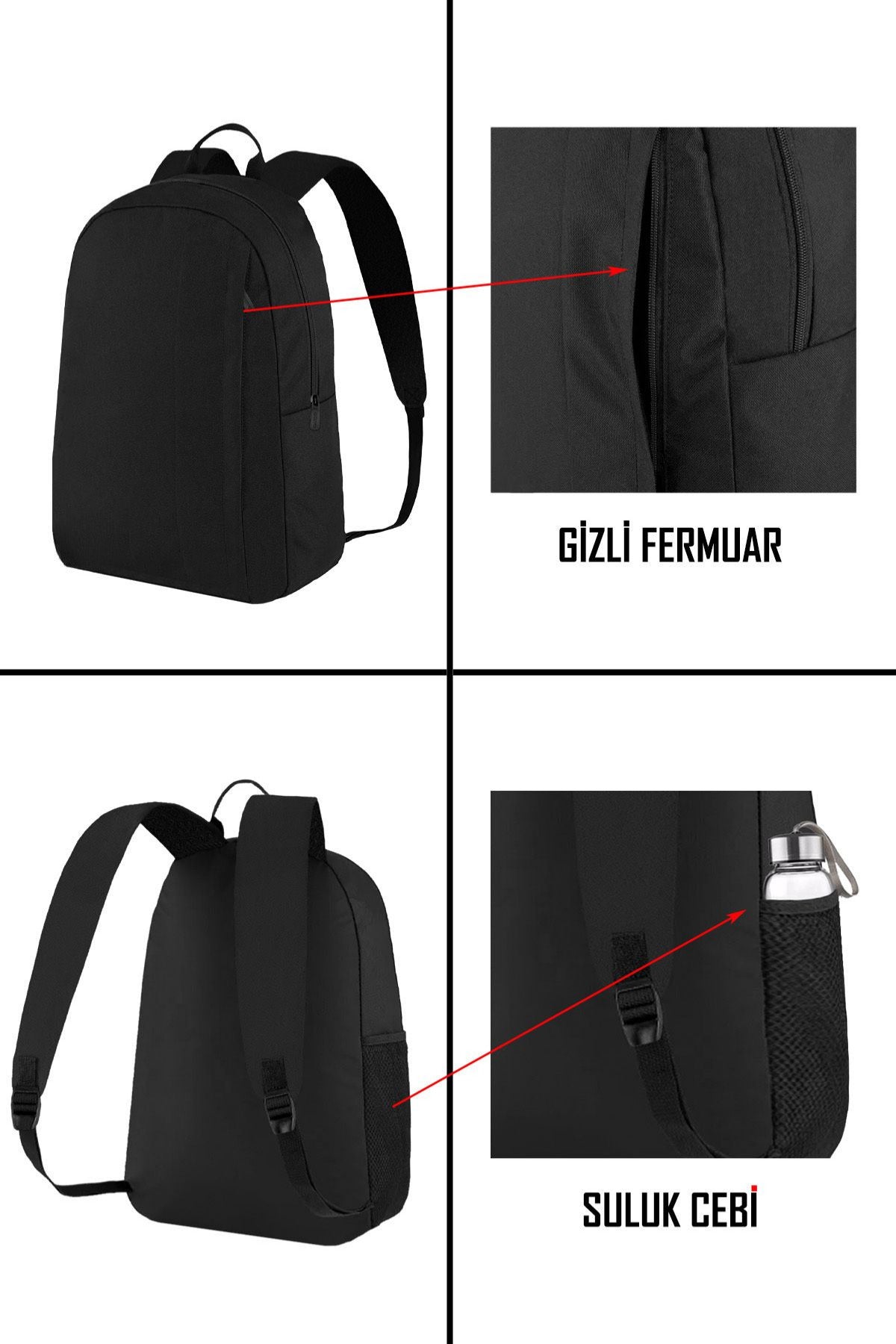Unisex Su Geçirmez Siyah Günlük Seyahat ve Okul Sırt Çantası