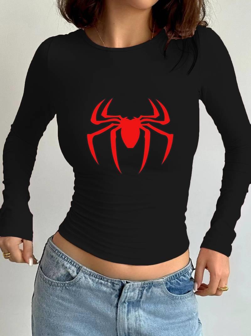 Uzun Kol Spider Baskılı Siyah Bluz Body