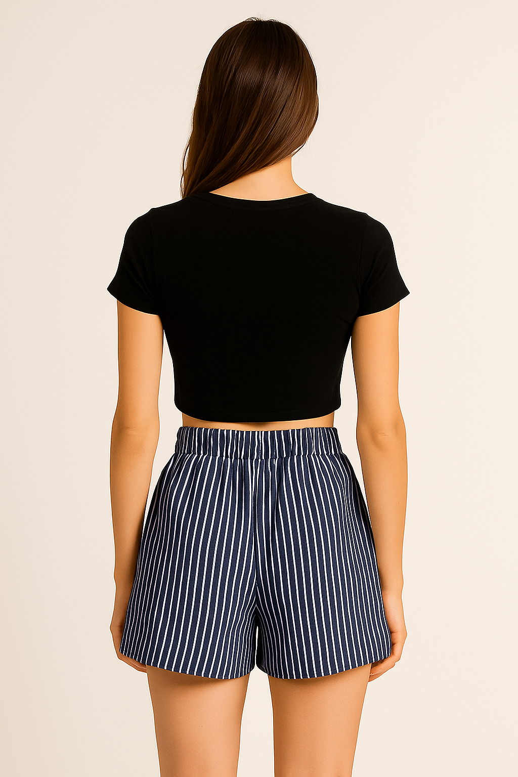 Çizgili Belden İp Detaylı Pileli Şort Etek