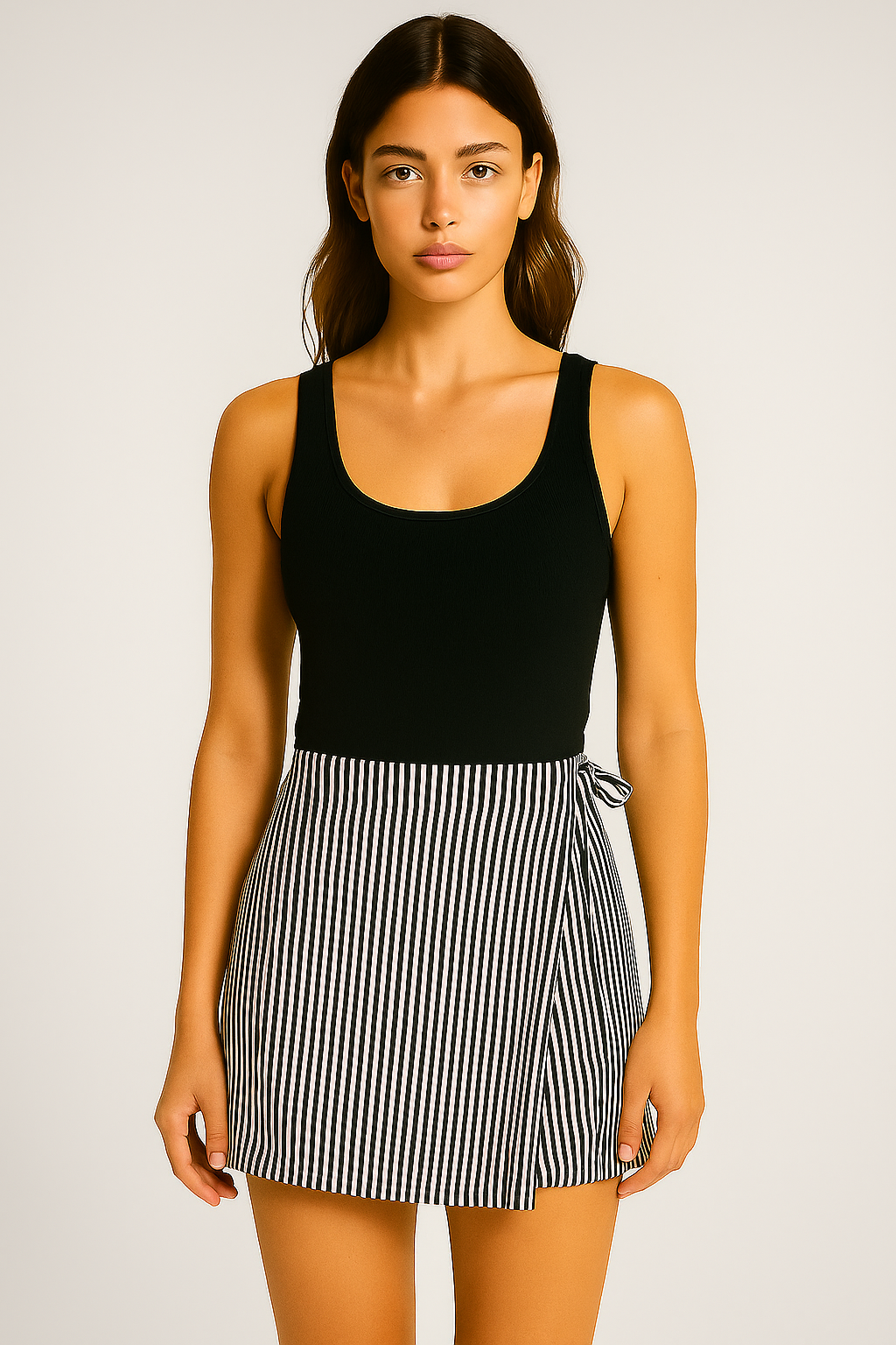 Çizgili Belden İp Detaylı Pileli Şort Etek