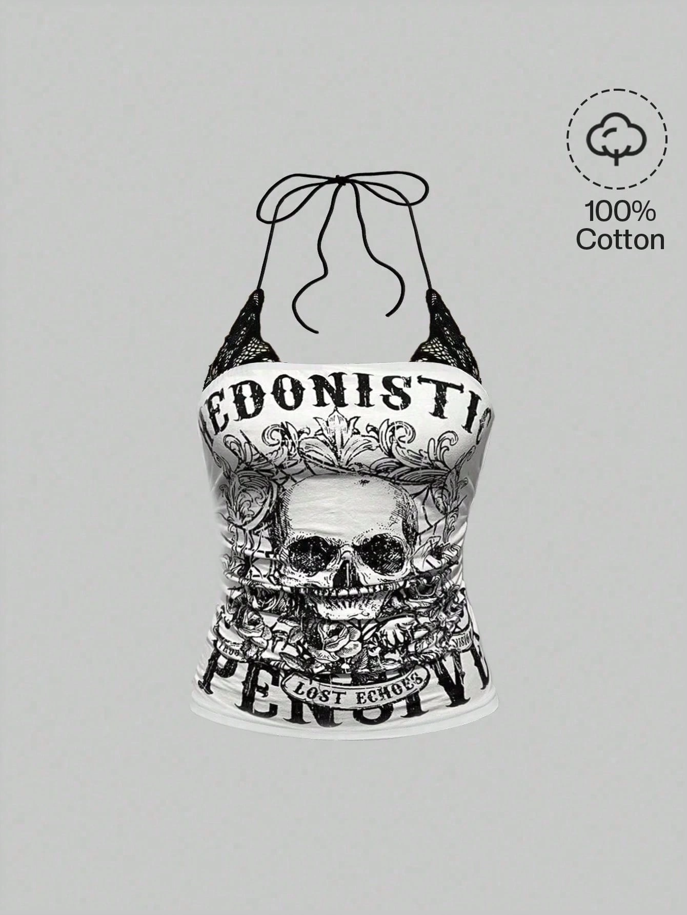 Grunge Punk Y2K Punk Skeleton Kafatası Baskılı Kontrast Dantel Kolsuz Yelek