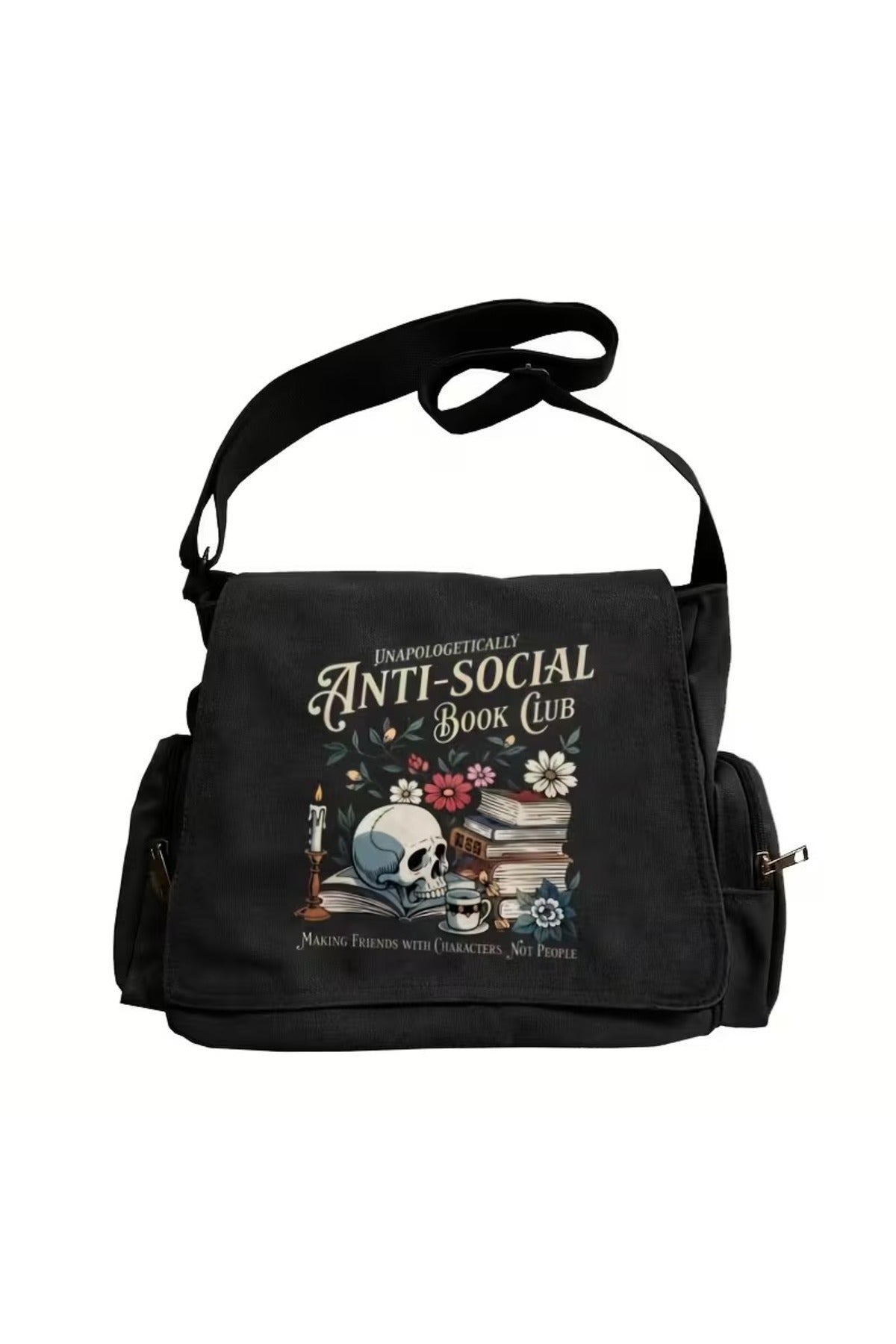 Vintage Anti-Social Baskılı Unisex Haki Postacı Çantası
