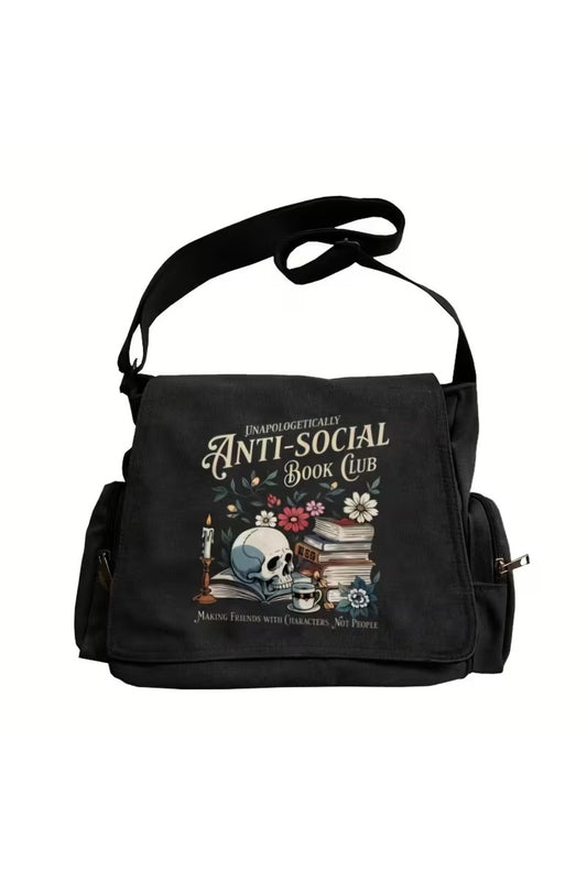 Vintage Anti-Social Baskılı Unisex Haki Postacı Çantası